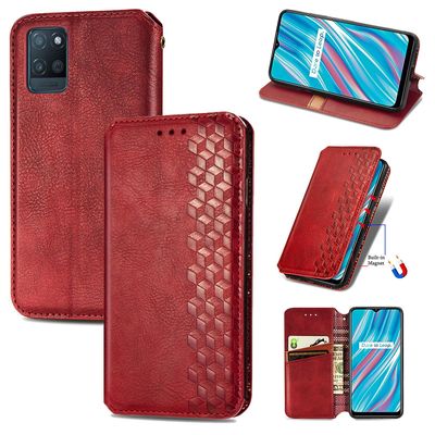 Kompatibel med Realme V11 5g Flip Case Etui Vintage Wallet Flip Cover med magnetisk lukning Coque - Blå rød