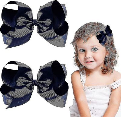 2stk Bånd Hår Bow Clips 6 tommer mørkeblå Grosgrain Ribbon Hårnåle Bue Hår