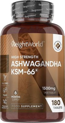 WeightWorld Ashwagandha KSM-66 1500mg - 180 vegaanista tablettia (6 kuukautta) - 1 päivässä