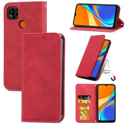 Gangxun Sag For Xiaomi Redmi 9c Magnetisk Lukning Læder Tegnebog Cover Housse Etui Shockproof - Rød