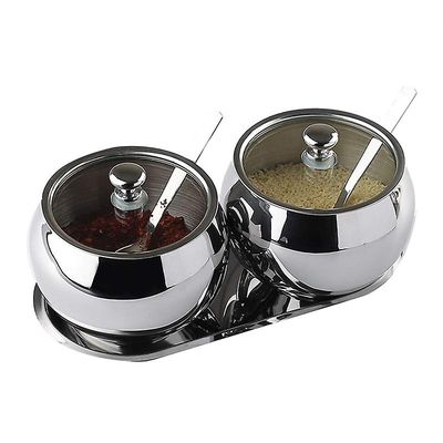 Sukker skål med låg og ske, 2 rustfrit stål Salt Bowl Spice Jars Sæt Krydderi Potter krydderier Jar krydderier flaske sæt