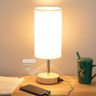 nattbord lampe med usb port - berøringskontroll bordlampe for soverom tre 3 vei dimmbar nattbord lampe med rund linstoff skygge for stuen