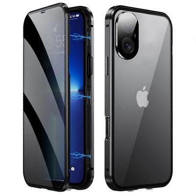 iPhone 16 -kotelolle Anti-Spy kaksipuolinen karkaistu lasi + magneettinen metallikehys puhelimen kansi - musta Monivärinen Black