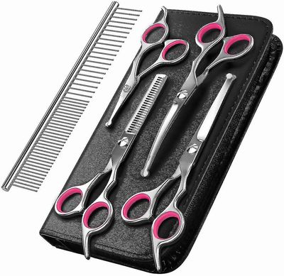 Hund Grooming Saks Kit Professionel Sikkerhed Udtynding Shears Comb Pink