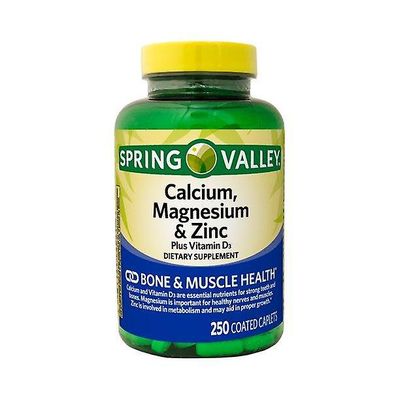 Spring Valley Spring Valleyn kalsium-, magnesium- ja sinkki- sekä D3-vitamiinipäällysteiset kapselit, 250 kpl