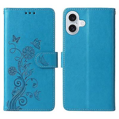 Yhteensopiva iPhone 16 Plus nahkakotelon kanssa perhonen kukkapainatus lompakkotelineen kansi Sininen