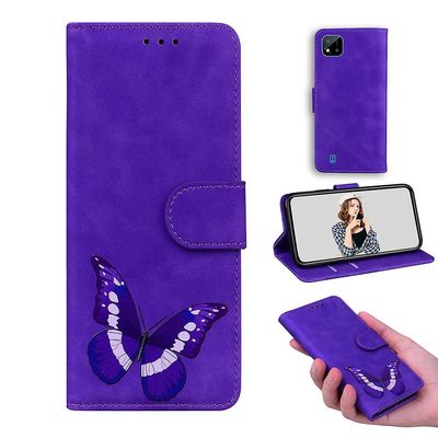 Etui til Realme C20 / C11 2021 Butterfly Cover Premium Læder Magnetisk- Pink Lilla