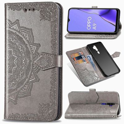 Etui til Oppo A5 2020/a9 2020 Cover Læder tegnebog Cover Prægning Mandala Magnetisk Flip Protection Stødsikker - Grå