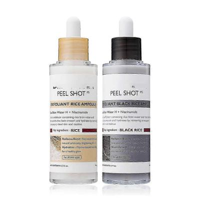 Peel Shot Glow Rice Ampoule Duo - Valkoinen ja musta riisiampulli kirkastavaan, kuorivaan kasvojen ja vartalon kuorintaan, kuolleiden ihosolujen mu...