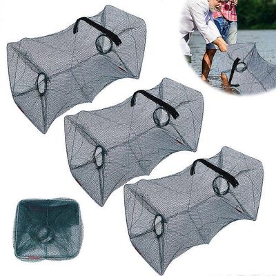 Pakkaus 3 kokoontaitettavaa kalakatiskaa kalastukseen, rapu, ankerias, 50 x 20 cm syöttipussilla rapuille ja hummereille