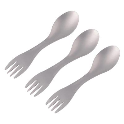3X titaani ulkona retkeily piknik vaellus keittiövälineet spork lusikka haarukka Hopea