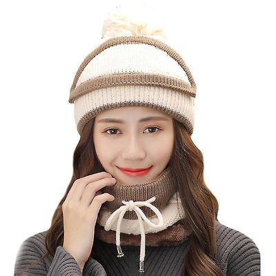 Besser Winter Lady 3pcs Strik Pom Hat Tørklæde Ansigtsmaske Sæt Beige
