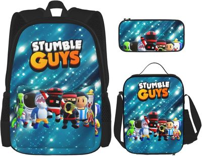 Stumble Guys -reppu pelireppusetti pojille tytöille, kannettavan tietokoneen reppu lounaspussilla, penaali, matkakirjalaukkulahjat teini-ikäisille ...