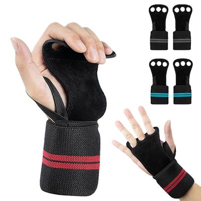 3 huller Gymnastik Håndgreb Cowhide Læder med håndledsremme Uddannelse Palm Finger Protection VægtLøftning Crossfit Øvelse blå L