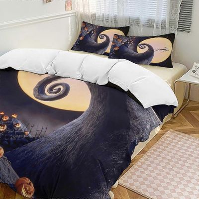 3D Painajainen ennen joulua -aiheinen vuodevaatesetti, pehmeä ja viihtyisä kaksoispeittosarja, jossa on 1 peitto ja 2 tyynyliinaa kaikkina vuodenai...