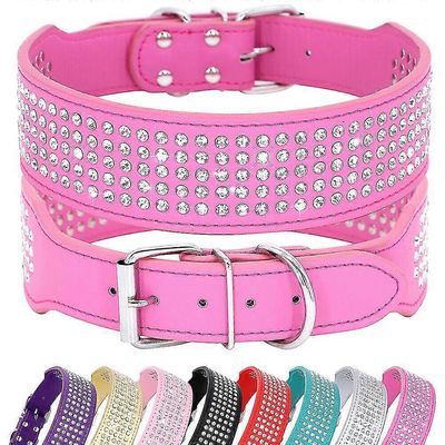 Suuret koirat muodikas strassi Diamante PU nahkaiset koiran kaulapannat 2,0" leveä Hot Pink L:Neck 43-50cm