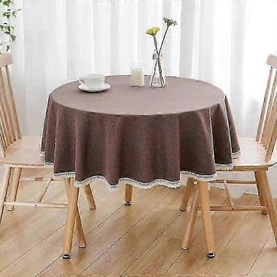 Tyylikäs yksivärinen pyöreä pöytäliina pitsillä - puuvillainen pellavainen pöytäliina hää-, ruokailu- ja teekutsujen sisustukseen tummanruskea Roun...
