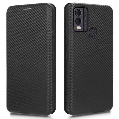 Nokia C22 Anti-drop PU nahkainen puhelinkotelo hiilikuitutekstuurijalustan kansi korttipaikalla Musta