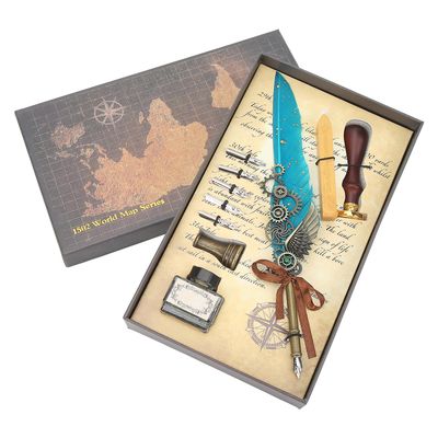 Retro Feather Pen Set Vintage Kartta Sulkakynä 5 kärjellä jalusta mustepullo Järven sininen