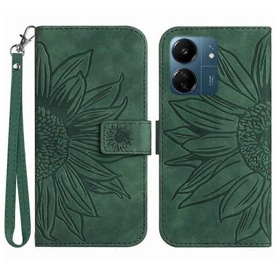 Xiaomi Redmi 13C -kotelolle Skin-touch Leather Folio Flip -kansi rannehihnalla Tummanvihreä