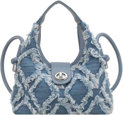 Maromalife Kvinner Soft Vegan Leather Barrel Vesker Stor Denim Fringe Hobo Top Håndtak Arbeid Totes Satchel Håndvesker Shoulder Purse Blå