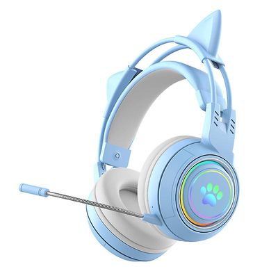 Unbrand Søte kattører hodetelefoner RGB-belysning Bluetooth trådløst hodesett med avtakbar mikrofon Blå