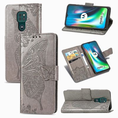 Gangxun Kompatibel med Motorola Moto G9 Play Case Flip Cover Emboss Butterfly Soft Tpu Stødsikker Shell Slim - Grå