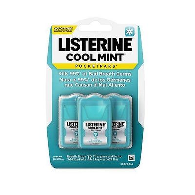 Listerine Cool Mint Pocketpaks Fresh Breath Strips, 24-nauhainen PK, 3 pk