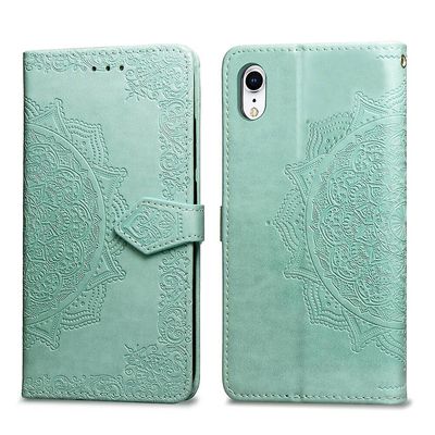 Etui til Iphone Xr Cover Læder Tegnebog Cover Prægning Mandala Magnetisk Flip Protection Stødsikker - Grøn