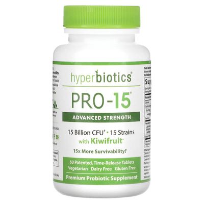 Hyperbiotics Hyperbiotika, PRO-15, Avanceret styrke med kiwifrugt, 15 milliarder CFU, 60 patenteret, Time-Release Ta