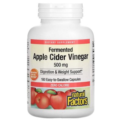 Natural Factors Naturliga faktorer, fermenterad äppelcidervinäger, 500 mg, 180 lätt att svälja kapslar