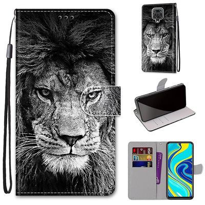 Foxdock Sag for Xiaomi Redmi Note 9s / 9 Pro / Max Creative Pattern Tui Magnetisk Card Holder Wallet - Lion