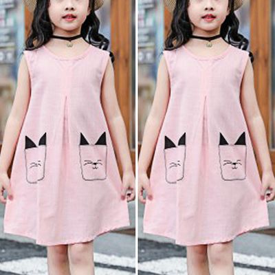 Varychmoo Baby Kids Piger Ærmeløs Cute Cat Trykt Vest Tank Kjoler Sommer Casual Sundress Pink 3-4 Years