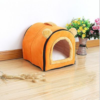 Ruili Hund Cat Pet House Kennel Varm seng med uld madras bærbare vaskbare fire årstider orange L