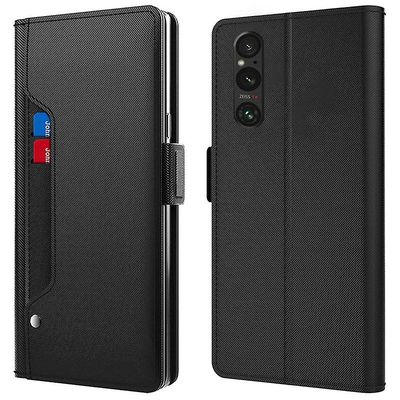 Sony Xperia 1 V iskunkestävä nahkakotelo peilin muotoilu jalusta kortin pidike puhelimen kansi Musta