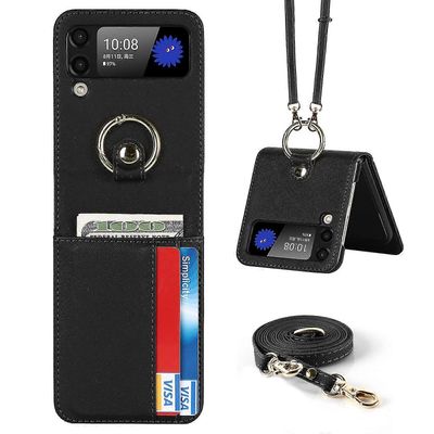 Tinor Lompakkokotelo, joka on yhteensopiva Samsung Galaxy Z Flip 4: n kanssa, Pu Nahkakansi crossbody lanyardilla ja rengaspidikkeellä Musta