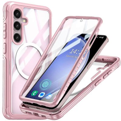 Kirkas magneettikotelo Samsung Galaxy S24 Ultralle, kaksipuolinen kirkas karkaistu lasi iskunkestävä kameran suojakannella vaaleanpunainen