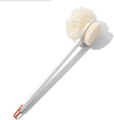 Linkrunning Bath Scrubber Body Brush Shower Scrubber Back Brush med langt håndtag, ergonomisk skridsikker holdbar (hvid med badebold) 14.5