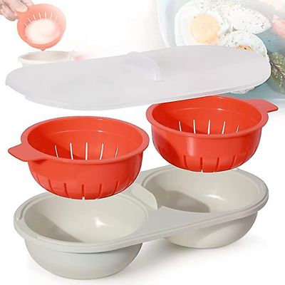 Suren Mikrobølgeovn Æg Poacher, 2-kop æg Mikrobølgeovn Æg komfur Drain Egg Poacher Non Stick Egg Cooker til mikrobølgeovn eller komfur Æg madlavning