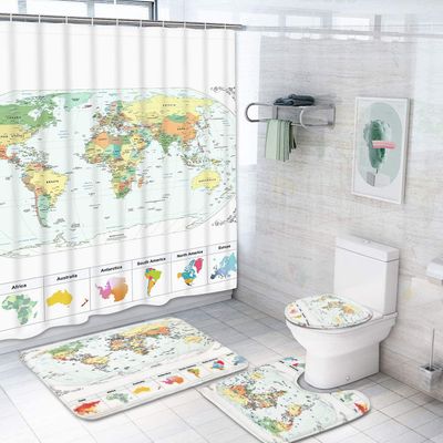Sett med 4 verdenskart dusjforheng med sklisikker matte, badematte, verdensgeografi dusjforheng med 12 kroker, vanntett stoff