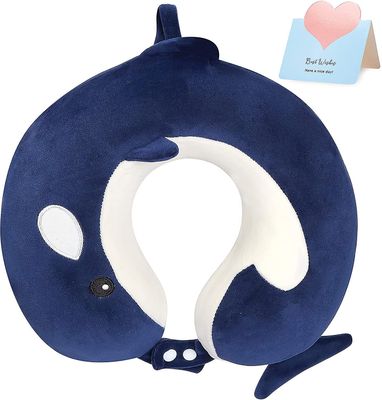 Linkrunning Whale Travel Pude til lang tur 100% ren memory foam justerbar nakkepude med spænde (mørkeblå)