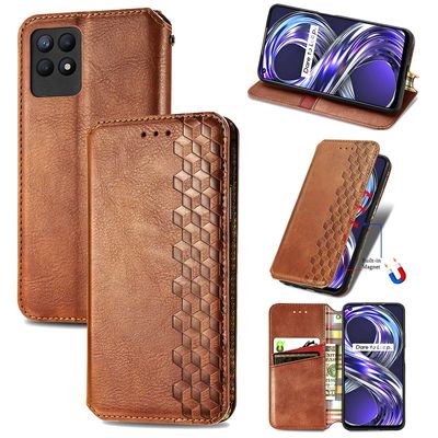 Kompatibel med Realme 8i Flip Case Etui Vintage Wallet Flip Cover med magnetisk lukning Coque - Blå brun