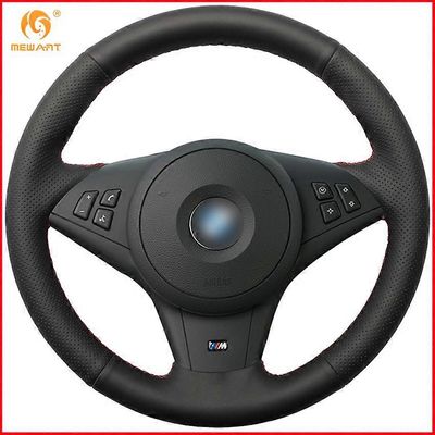 Musta aitonahkainen auton ohjauspyörän suojus BMW E60 530i E63 E64 635D lisävarusteisiin Tummansininen lanka