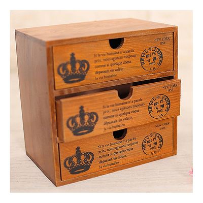Ruili Zakka Træ Retro 3 skuffe bord opbevaringsboks Mini opbevaringsskab brun
