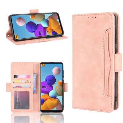 Useita korttipaikkoja lompakko nahkainen suojakotelo Samsung Galaxy A21s taitettavalle jalustalle puhelinkotelo Vaaleanpunainen
