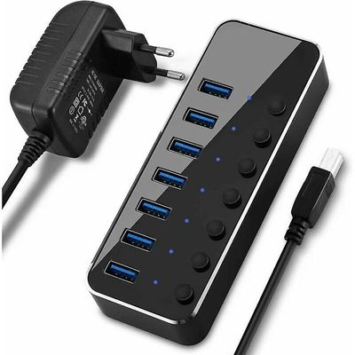 Aktiv USB 3.0-hub med 7-porters strømforsyning USB 3.0-hub aluminium Aktiv USB-portdistributør med 5v 2a strømforsyning og svitsj