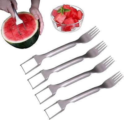 Tianzun 2-i-1 vannmelongaffel slicer, 2023 ny vannmelon slicer kutter, dual head rustfritt stål fruktgafler slicer kniv 4 stk.