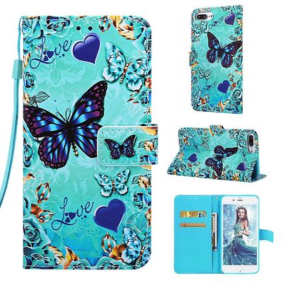 Foxdock Kompatibel med iphone 8 Plus / 7 Plus Case Læder Flip Tegnebog cover med kort slotholder kickstand mønster - Heart Butterfly