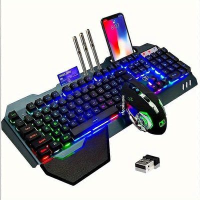 Langaton pelinäppäimistö ja -hiiri, sateenkaaren taustavalaistu ladattava näppäimistöhiiri 3800mAh akun metallipaneelilla, irrotettava käsituki mek...