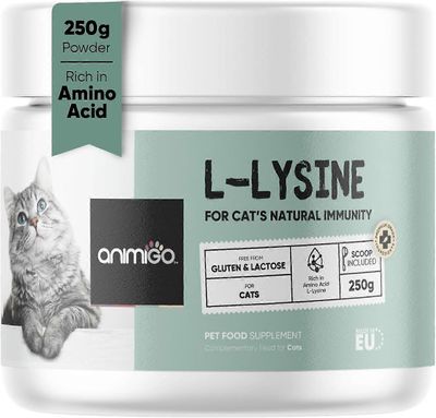 animigo L-lysiini kissoille - 250g jauhe - Immuniteetti, iho, mieliala ja rauhallisuus - hajuton